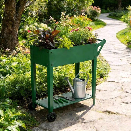 Raised Garden Bed Planter With Wheels And Storage Shelf
