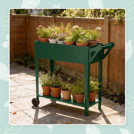 Raised Garden Bed Planter With Wheels And Storage Shelf