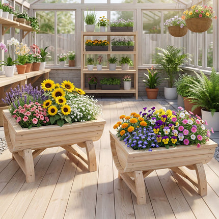 Raised Garden Bed Planters, Set of 2, Fir Wood, Drainage