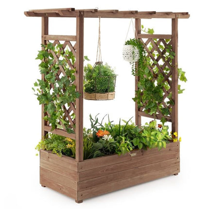 Raised Garden Bed With Trellis and Hanging Roof, Fir Wood