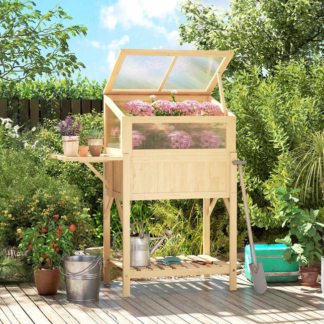 Raised Garden Bed with Cold Frame, Wood, Foldable Shelf