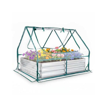 Raised Garden Bed with Greenhouse Cover, 2 Roll-Up Windows, Silver