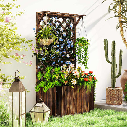 Raised Garden Bed with Trellis, Charred Wood, 64x33x122 cm
