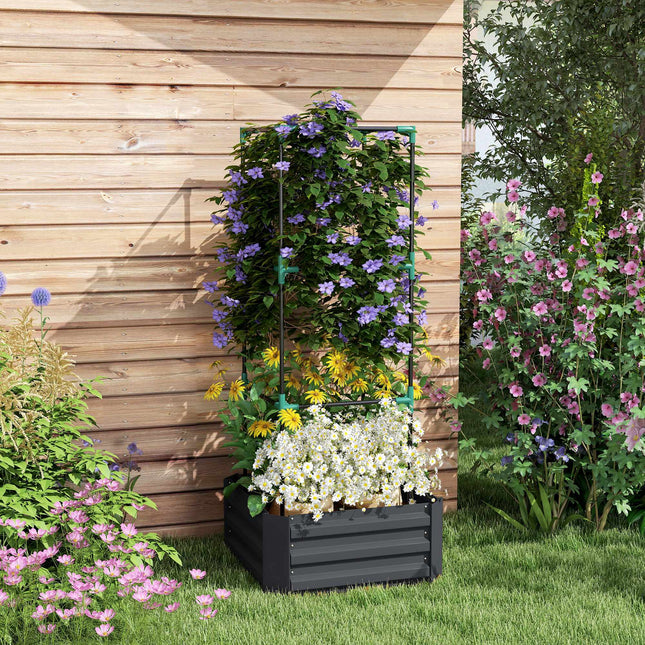 Raised Garden Bed with Trellis, Steel, 61x61x140 cm, Dark Grey