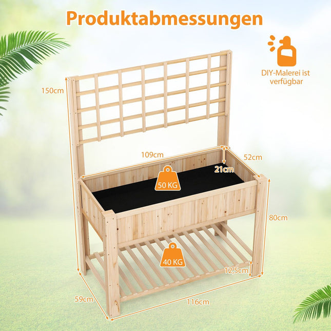 Raised Garden Bed with Trellis and Drainage, 116x59x150 cm