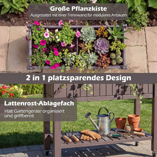 Raised Garden Bed with Wheels, Self-Watering, Brown