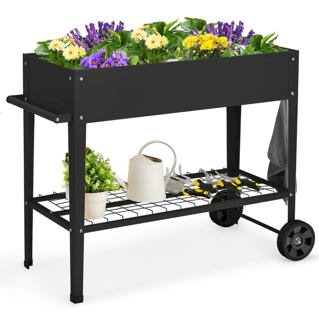 Raised Metal Garden Bed with Wheels, Shelf & Hooks - Black