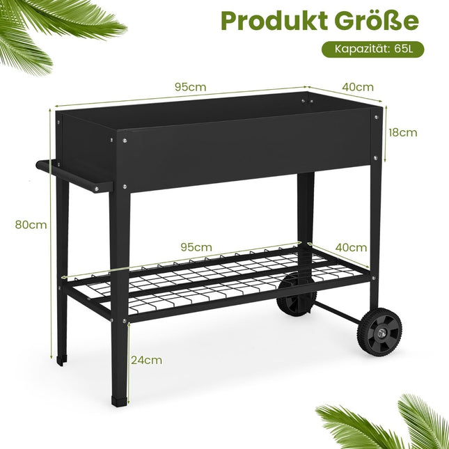 Raised Metal Garden Bed with Wheels, Shelf & Hooks - Black