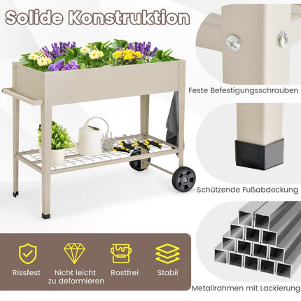 Raised Metal Planter Box with Wheels & Storage, White