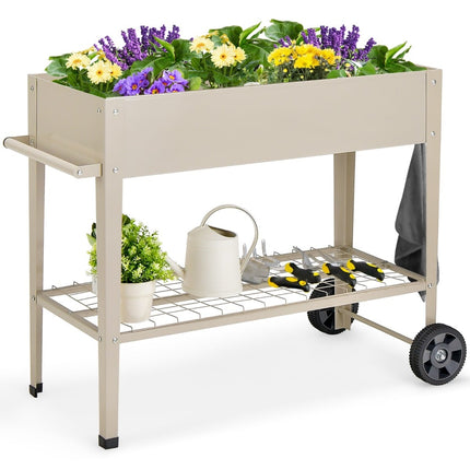 Raised Metal Planter Box with Wheels & Storage, White