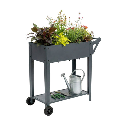 Raised Planter Box With Wheels And Storage Shelf