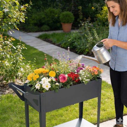 Raised Planter Box With Wheels And Storage Shelf