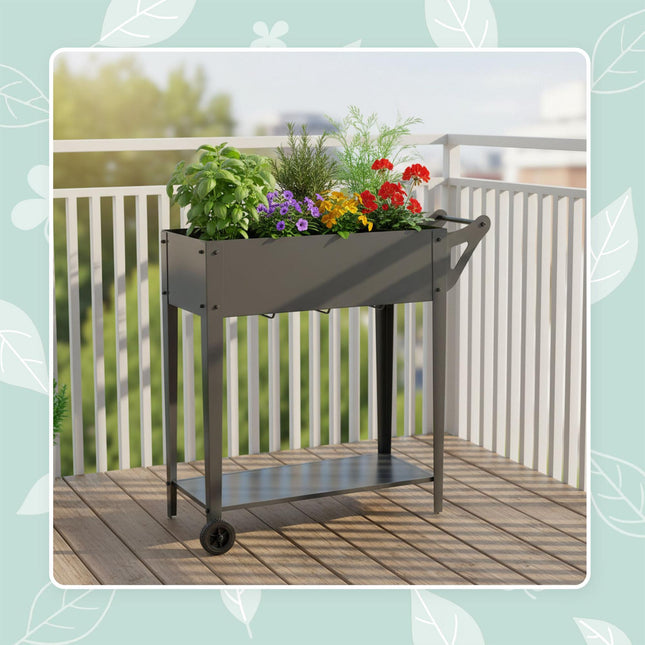 Raised Planter Box With Wheels And Storage Shelf