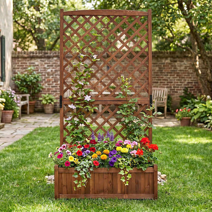Raised Planter With Trellis, Fir Wood, Drainage Holes, 90 x 44.5 cm