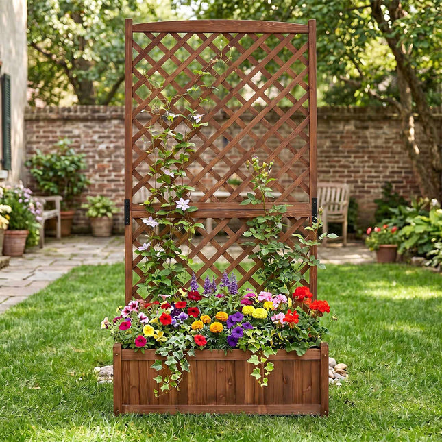 Raised Planter With Trellis, Fir Wood, Drainage Holes, 90 x 44.5 cm