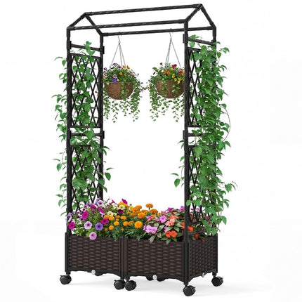 Raised Planter with Trellis, Self-Watering, Mobile, Brown
