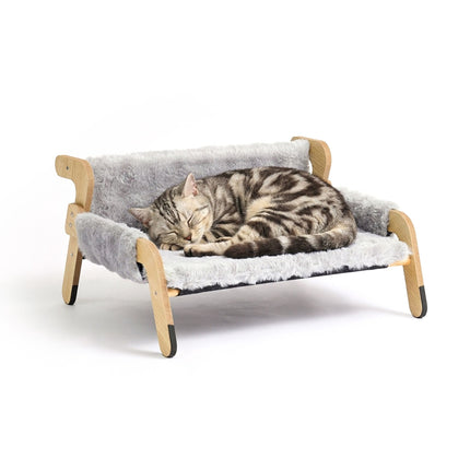 Raised Plush Cat Bed, Grey – Pine Frame, 53x45.5 cm