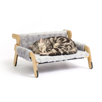 Raised Plush Cat Bed, Grey – Pine Frame, 53x45.5 cm