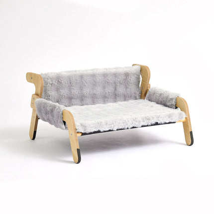 Raised Plush Cat Bed, Grey – Pine Frame, 53x45.5 cm