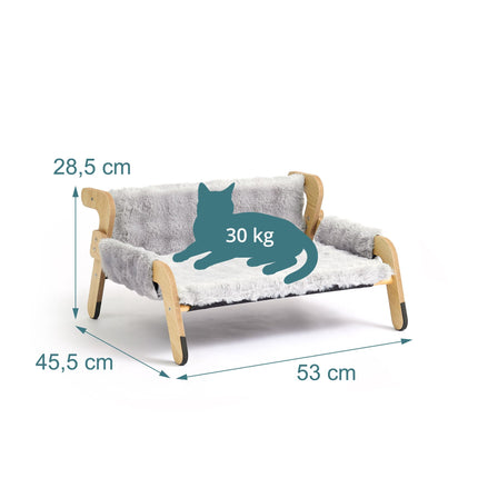 Raised Plush Cat Bed, Grey – Pine Frame, 53x45.5 cm