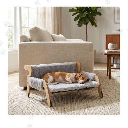 Raised Plush Cat Bed, Grey – Pine Frame, 53x45.5 cm