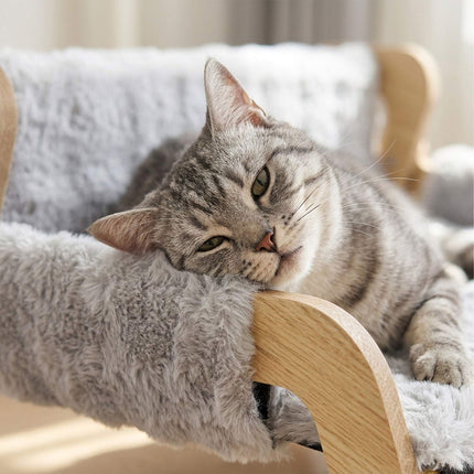 Raised Plush Cat Bed, Grey – Pine Frame, 53x45.5 cm