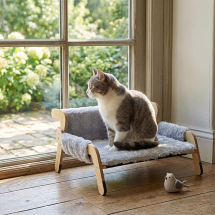 Raised Plush Cat Bed, Grey – Pine Frame, 53x45.5 cm
