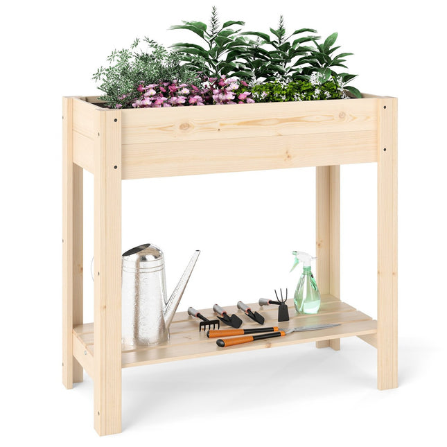 Raised Wooden Garden Bed with Shelf, 81 x 37 x 77 cm