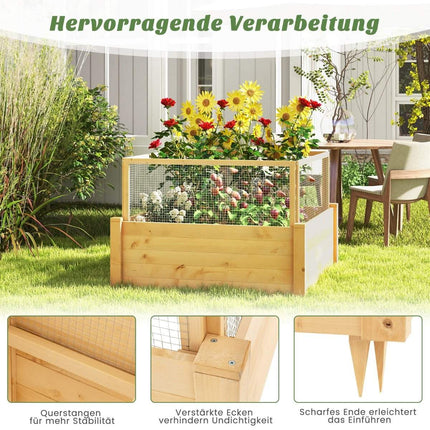 Raised bed with fence wooden planter box with 4-sided protective fence & planting grid 107 x 107 x 70 cm
