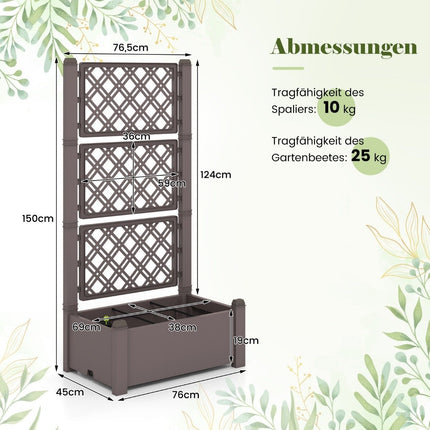 Raised bed with trellis, 3 levels height adjustable, flower box with trellis 76 x 45 x 150 cm coffee