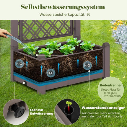 Raised bed with trellis, 3 levels height adjustable, flower box with trellis 76 x 45 x 150 cm coffee
