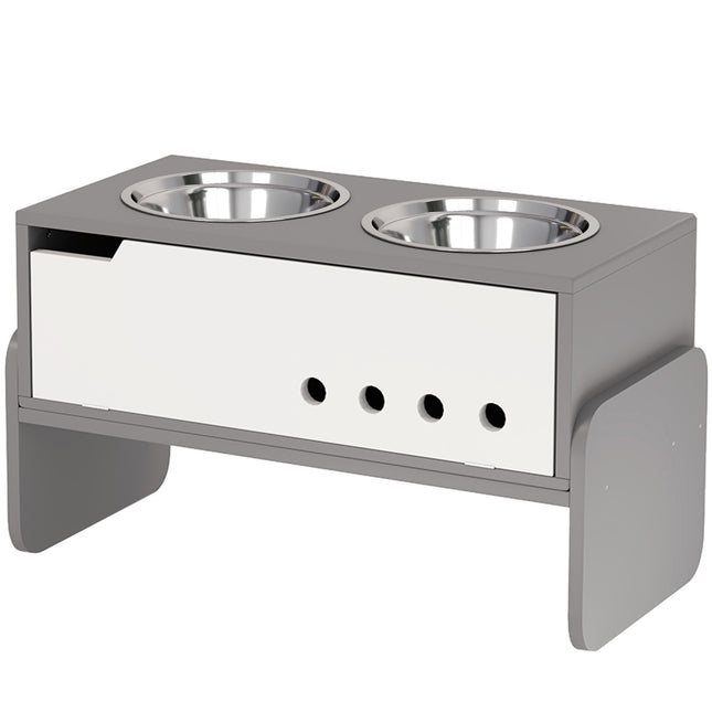 Adjustable raised dog bowl with storage, 2x 2L bowls, grey