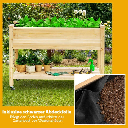 Raised garden bed planter made of wood with lockable wheels 120 x 59 x 84 cm natural