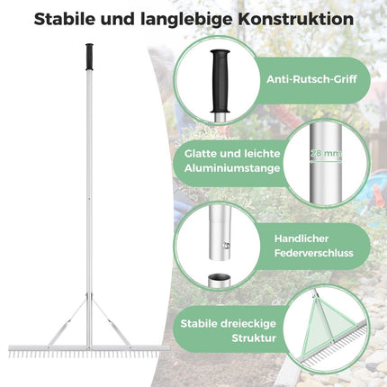 Rake garden rake made of aluminum with 91 cm wide rake head 91 x 10 x 174 cm silver