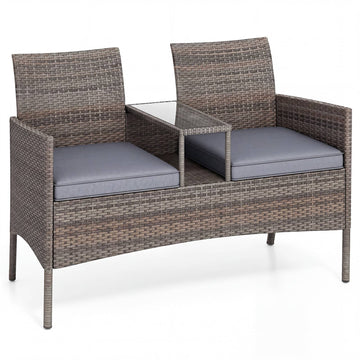 Rattan 2-Seater Garden Lounge Set with Table, Grey Cushions