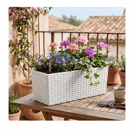 Rattan Balcony Planter with Water Level Indicator, White