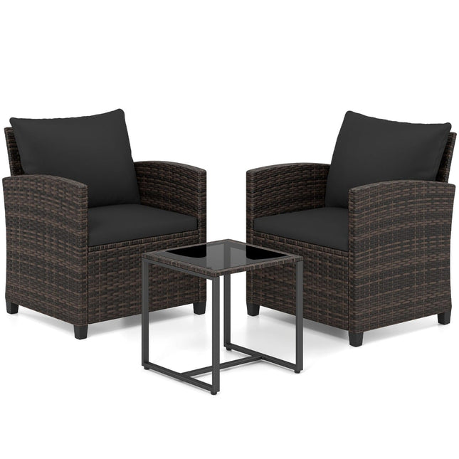 Rattan Balcony Set with 2 Chairs & Glass Table, Brown-Black