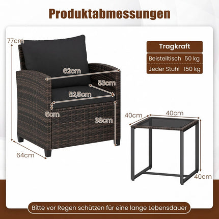 Rattan Balcony Set with 2 Chairs & Glass Table, Brown-Black