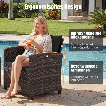 Rattan Balcony Set with 2 Chairs & Glass Table, Brown-Black