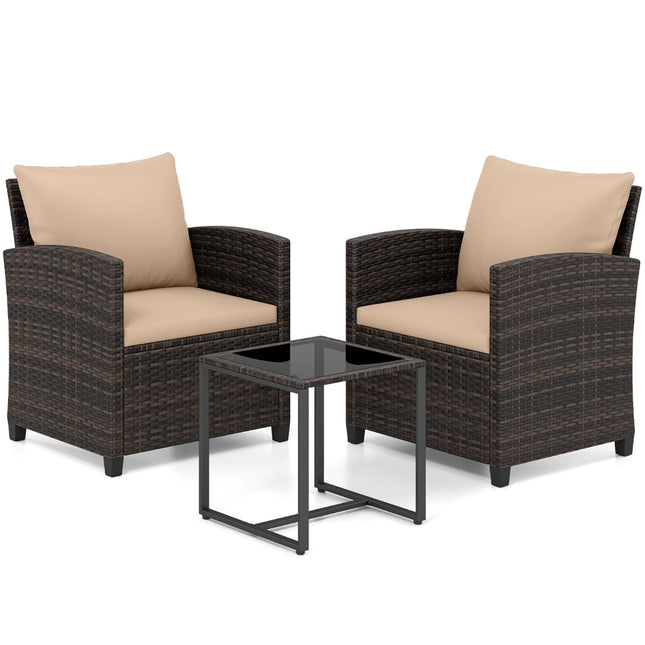 Rattan Balcony Set with 2 Chairs & Glass Table, Brown-Khaki