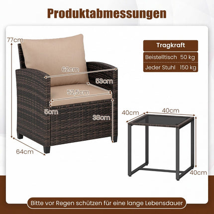 Rattan Balcony Set with 2 Chairs & Glass Table, Brown-Khaki