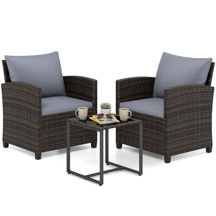 Rattan Balcony Set with Cushions & Glass Table, 3-Piece Outdoor Furniture