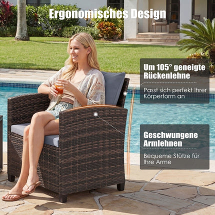 Rattan Balcony Set with Cushions & Glass Table, 3-Piece Outdoor Furniture