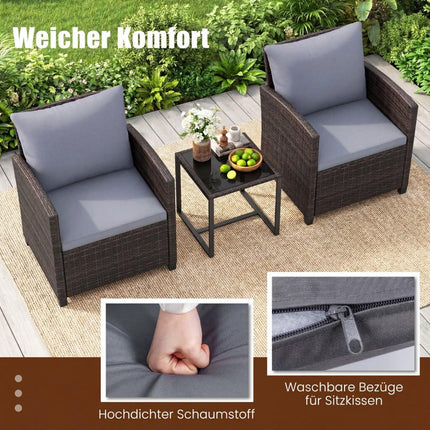Rattan Balcony Set with Cushions & Glass Table, 3-Piece Outdoor Furniture