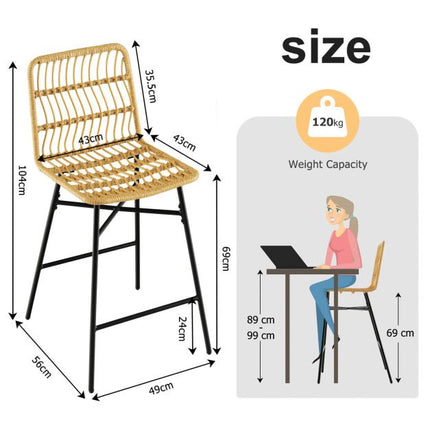 Rattan Bar Stools, Set of 2, 27-Inch Seat, Yellow
