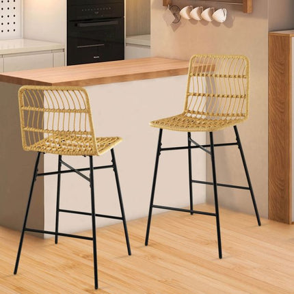 Rattan Bar Stools, Set of 2, 27-Inch Seat, Yellow
