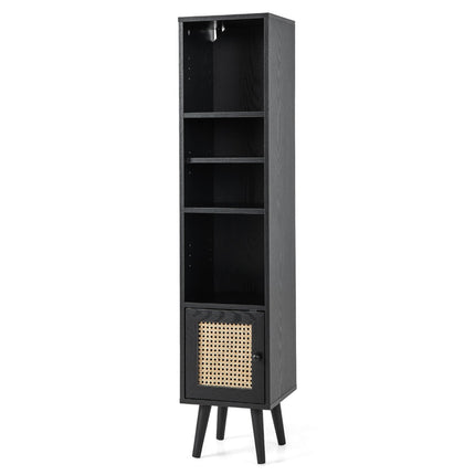 Rattan Bookshelf with 4 Shelves & Door, Boho Style