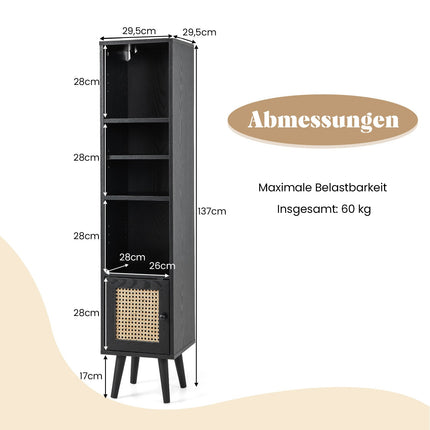 Rattan Bookshelf with 4 Shelves & Door, Boho Style
