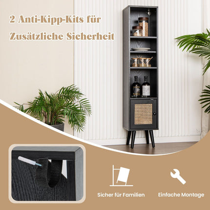 Rattan Bookshelf with 4 Shelves & Door, Boho Style