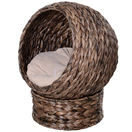 Rattan Kattenmand Gezellige Kattengrot Van Waterhyacint, Donkerbruin, Ideaal Voor De Woonkamer, 50X42X60Cm